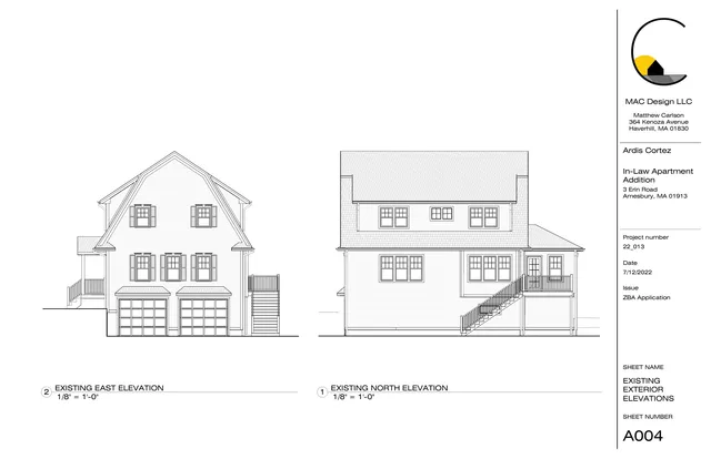 Architectural sheet showing two black-and-white exterior elevation drawings of the existing house: the east elevation on the left and the north elevation on the right. The views show the garage, windows, roof forms, and front/side porch and stair details.