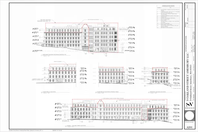 Architectural exterior elevation sheet showing multiple proposed views of the Oakland Street Lofts building, including the northwest building elevation, courtyard elevations, northeast building elevation, and an overall Oakland Street elevation with keynotes and level markers.