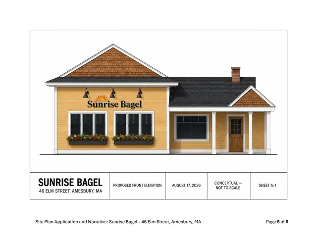 Colored proposed front elevation of Sunrise Bagel at 46 Elm Street, Amesbury, showing the main facade with shingled gables, storefront windows, signage, and a small entry porch on the right. The view is a straight-on street-facing architectural rendering.