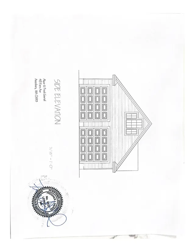 Black-and-white side elevation drawing of a house, showing a gabled roof, multiple window openings, and clapboard siding. The sheet is labeled "SIDE ELEVATION" with project text for 48 Fern Ave, Amesbury, MA.
