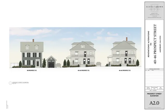 Colored architectural elevation sheet showing the proposed Prospect Street facades for 38 Prospect St., 40-42 Prospect St., and 44-46 Prospect St., with front elevations of the houses and a small garage/connector structure between the left and center buildings.