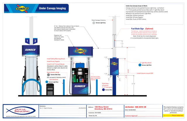 A Sunoco under-canopy imaging sheet showing proposed gas station branding and sign placements, including canopy columns, pump toppers, bollards, and a blade sign with dimension callouts and color notes.
