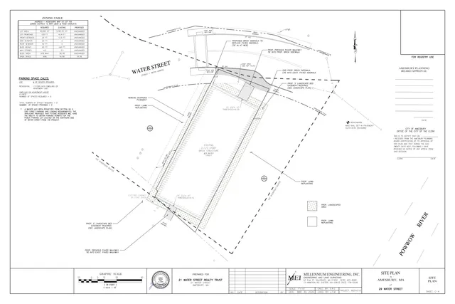 Civil site plan for 29 Water Street showing the property boundary, existing brick structure, proposed brick sidewalk and pervious paver walkway, landscaped areas, lawn replanting, and zoning/parking calculations.