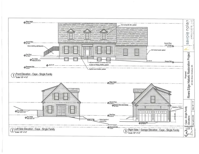 Architectural elevation sheet showing the front, left side, and right side elevations of a proposed Cape-style single-family house, with roof, windows, shutters, and garage details labeled.