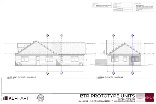 Architectural elevation sheet showing the right elevation and rear elevation of Building 2 for the BTR prototype units. The drawings depict the proposed exterior massing, roof forms, windows, doors, and siding materials with notes and legends.
