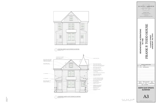 Architectural elevation sheet showing the existing and proposed north east (front) elevation of the house at 14 Maple Street. The proposed view includes updated exterior details, windows, porch elements, and roof features alongside the existing front elevation for comparison.