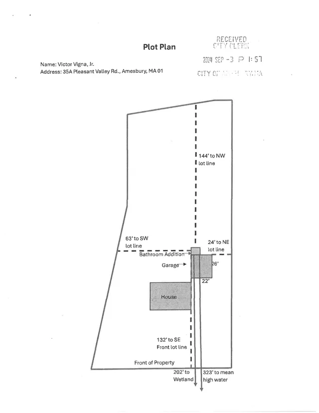 A plot plan showing the parcel boundary for 35A Pleasant Valley Road and the location of the existing house, garage, and proposed bathroom addition, with setback and lot-line distances annotated.