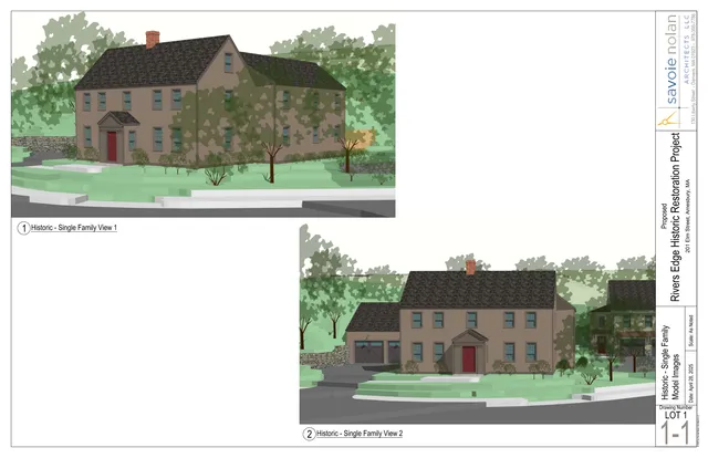 Architectural rendering sheet showing two proposed exterior views of the historic single-family house restoration: one oblique front/side view and one front view with garage, both set in landscaped surroundings.