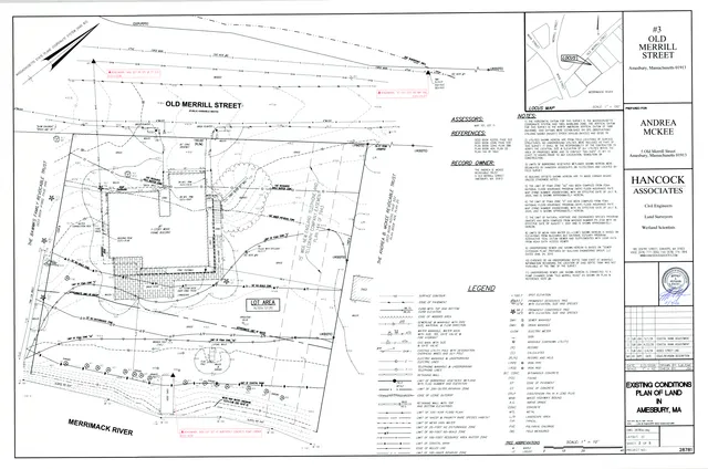 Existing conditions site plan for 3 Old Merrill Street in Amesbury, Massachusetts, showing the property boundaries, building footprint, topography, utilities, setbacks, and notes near the Merrimack River.