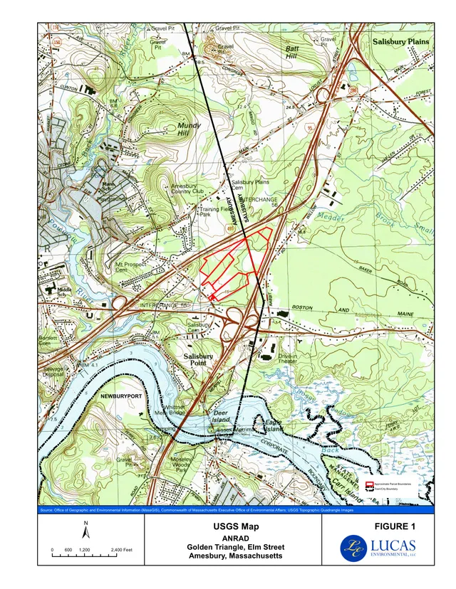 USGS topographic map of the Amesbury/Salisbury area with the project parcel boundaries outlined in red near Elm Street and the town boundary shown in black. The sheet is labeled as an ANRAD figure for Golden Triangle, Elm Street, Amesbury, Massachusetts.