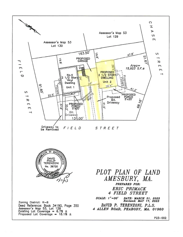 Plot plan of land in Amesbury, MA showing the existing lot boundaries, proposed two 2½-story dwellings, a proposed garage, porches, and bituminous driveways on 4 Field Street. The plan includes assessor lot references, setbacks, dimensions, and zoning notes.