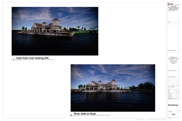 Sheet with two full-color architectural renderings of the proposed marina building at 14 Merrimac St. The upper image is a river view looking northwest, and the lower image is a side river view at dusk showing the building along the waterfront.