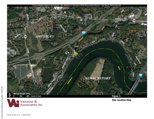 A site location map based on Google Earth imagery showing Amesbury and Newburyport, with the project site highlighted near Merrimac Street by the river and labeled "SITE." Major roads, highways, and the river are annotated for regional context.