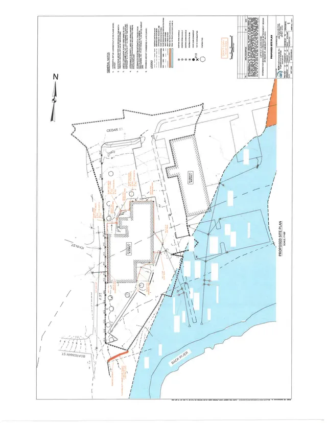 Proposed site plan for 15 Cedar Street showing the project parcel, nearby streets, building footprints, and the Back River shoreline/wetland area. The sheet includes general notes, a north arrow, and marked proposed site improvements and drainage/utility annotations.