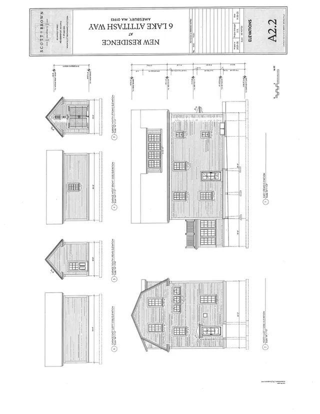Architectural elevation sheet for the proposed new residence at 6 Lake Attitash Way, showing multiple exterior views of the house and garage, including front, rear, side, and garage elevations with dimension notes.