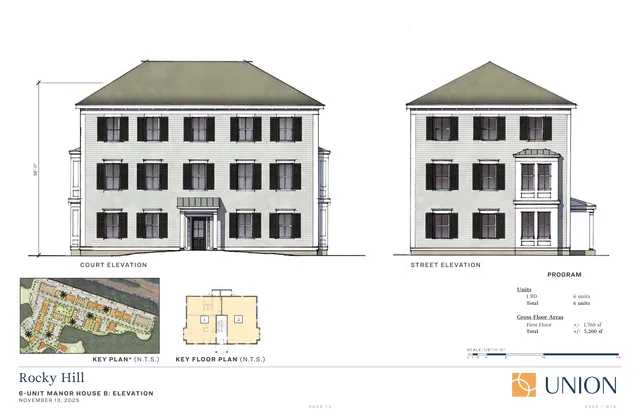 Sheet showing the court and street elevations for Rocky Hill Manor House B, a 6-unit building, with a small key plan, key floor plan, and program summary at the bottom. The elevations depict a three-story residential building with a hipped roof, symmetrical window patterns, and a front entry and bay projection.