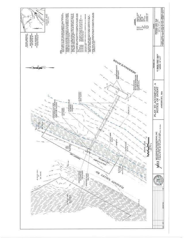 Plan sheet showing the proposed development layout at 4 Pleasant Valley Road in Amesbury, including the house footprint, proposed deck, new walkway, stair/landing, and nearby wetland/river boundary information. An inset locus map and notes/legend appear on the sheet.