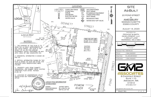 As-built site plan for 20 Pond Street in Amesbury showing the property boundaries, existing building, deck, stone walls, paved/gravel areas, vegetation, and the adjacent Powow River. A small locus map and title block appear along the left and right margins.