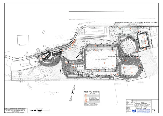 Black-and-white test pit and boring location plan showing the proposed building layout, existing building, roadway frontage, contours, and marked boring/test pit locations for the 12-14 & 24 South Hunt Road site in Amesbury.