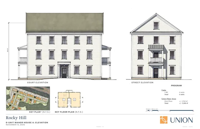 Architectural elevation sheet for "Rocky Hill" showing the proposed 6-unit Manor House A. The page includes court elevation and street elevation views, plus a small key plan, key floor plan, and program summary.