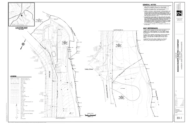 Existing conditions map for the 0 Mill St project area, showing property boundaries, topography, wetlands, utilities, and nearby streets including Mill Street Extension, Valley Street, and the Powwow River. A small inset location map appears in the upper left, and general notes and map references are shown on the right.