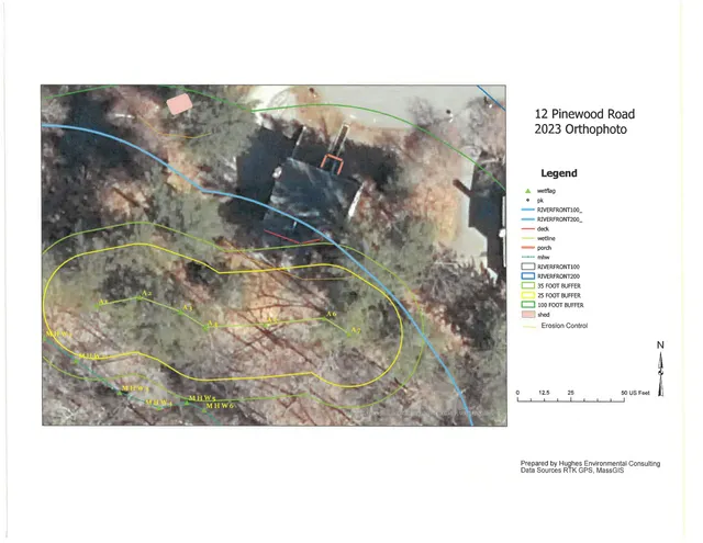 Annotated 2023 orthophoto of 12 Pinewood Road showing the existing house, surrounding trees, and overlaid environmental/constraint lines such as wetland, buffer, and erosion-control boundaries. A north arrow, scale bar, and legend are included along the top.