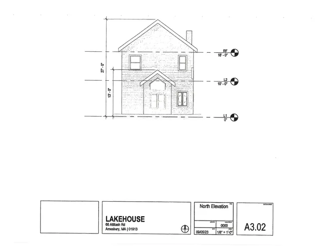 Black-and-white north elevation drawing of a two-story house with a front entry gable, windows, and a chimney, labeled for the LAKEHOUSE project at 66 Attitash Rd, Amesbury, MA.