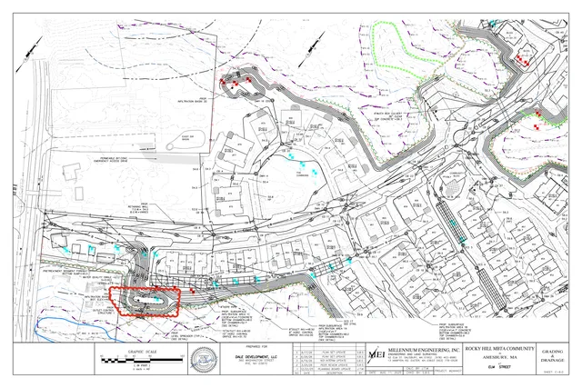 Grading and drainage plan for the Rocky Hill MBTA Community project at Elm Street in Amesbury, showing proposed building footprints, driveways, stormwater basins, drainage structures, contour lines, and utility/stormwater annotations.