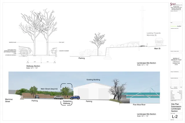 Sheet L-2 showing landscape site sections for the Marina at Amesbury Point project, including a walkway section and a colored cross-section looking toward Merrimac St/Main St and the Pow Wow River. The lower portion combines technical section graphics with a rendered streetscape and existing building context.