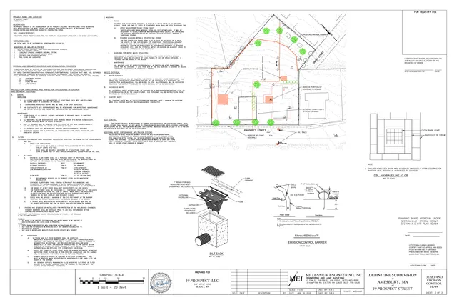 Civil/site plan sheet showing the demolition and erosion control plan for 19 Prospect Street, including the property outline, proposed disturbance area, erosion control measures, and details for silt sacks and catch basin protection.