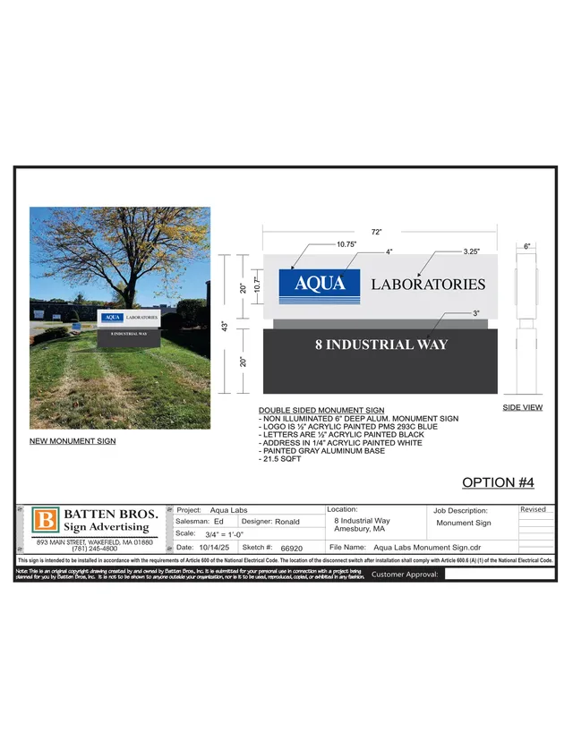 Sign approval sheet for Aqua Laboratories showing a proposed double-sided monument sign at 8 Industrial Way, Amesbury, with a photo mockup on the left and a dimensioned front and side view on the right. The sign includes the Aqua Laboratories logo and the address panel on a gray base.