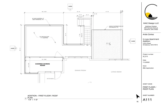 Architectural first-floor and roof plan for the proposed in-law apartment addition at 3 Erin Road, showing the covered screen room, deck, dining room, living room, and roof layout with dimensions and notes.