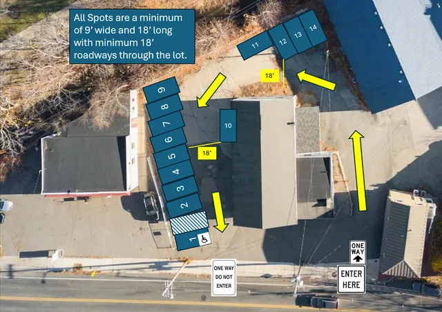 Aerial view of the existing site and surrounding buildings, overlaid with proposed parking stall numbers, circulation arrows, and access notes. The image shows the lot layout and driveway access along the street frontage.
