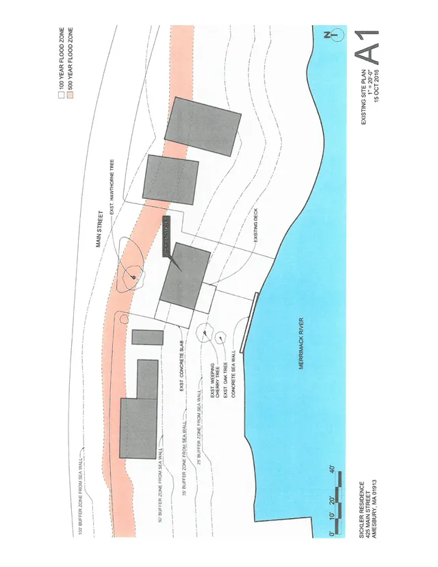 Existing site plan for 425 Main Street showing the property layout along the Merrimack River, including the existing residence, deck, concrete slab, trees, sea wall, and surrounding flood/buffer zones.