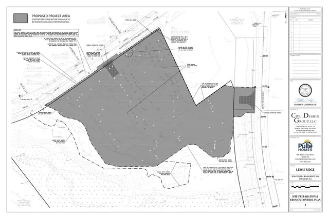 Site preparation and erosion control plan for the Lewis Ridge project at 28 Haverhill Road in Amesbury, showing the proposed project area, grading/contour lines, construction access, erosion control barriers, and surrounding roadways and property boundaries.