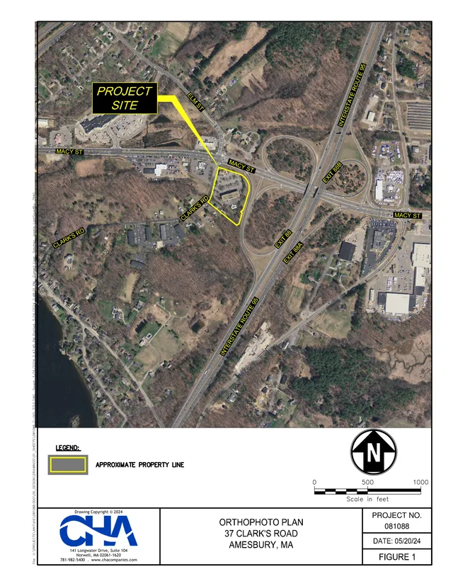 Orthophoto plan showing the project site at 37 Clarks Road in Amesbury outlined in yellow, with surrounding streets, Interstate 95, and nearby development labeled for context.