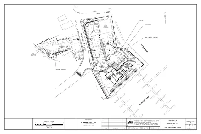 Site plan for the operation and maintenance plan at 13 and 14 Merrimac Street in Amesbury, showing the building footprints, parking areas, access drives, landscaping, drainage features, and the adjacent Merrimack River. The plan also labels the marina operations facility, restaurant seating area, and existing building to remain.