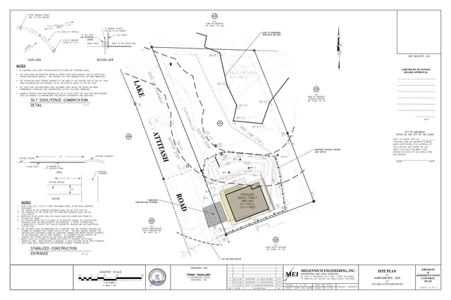 Erosion and sedimentation control site plan for 29 Lake Attitash Road in Amesbury, showing the proposed single-family dwelling footprint, driveway, lot boundaries, wetlands/buffer areas, and construction entrance and silt fence details.