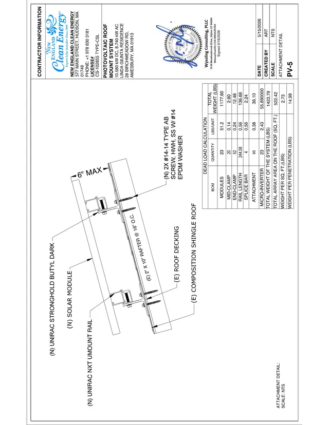 Technical attachment detail for a photovoltaic roof system, showing the Unirac solar module mounting rails, clamps, and roof attachment over composition shingle roofing. Includes a small bill-of-materials table and contractor information on the sheet.