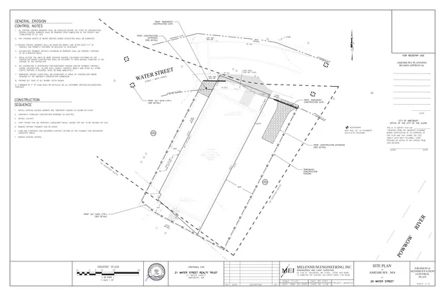 Civil site plan for the 29 Water Street project showing erosion and sedimentation control measures, temporary construction fencing and gates, the building footprint, adjacent Water Street and the riverfront buffer, with notes and approval block.