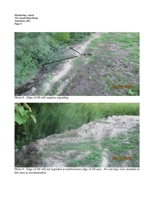 Two site-condition photographs showing the edge of a fill area beside dense vegetation. The upper photo is labeled with arrows pointing to coir logs and notes that the fill edge still requires regrading; the lower photo shows the northwestern edge of the fill area still not regraded and lacking the recommended coir logs.