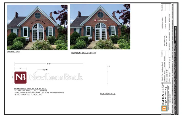 A sign permit sheet showing the existing bank building photo on the left and a proposed new sign mockup on the right, with sign dimensions and a side-view detail below. The proposed Needham Bank wall sign is shown mounted on the front façade above the entrance.