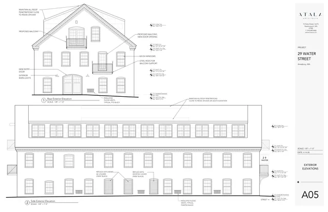 Architectural exterior elevation sheet showing the proposed rear and side elevations for 29 Water Street, including windows, doors, balconies, rooflines, and material notes. The sheet is a black-and-white technical drawing rather than a perspective rendering.