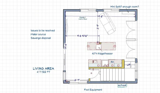 Floor plan of an accessory dwelling unit showing a living area with family room, kitchen counters, fridge/freezer, bathroom, stairs, and notes about mini-split, water source, sewer disposal, pool equipment, and AC/heat. The plan includes dimensions and door/window placement.