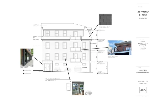 Front exterior elevation of the proposed 26 Friend Street building, showing a three-story façade with balconies, windows, roof form, and material callouts. Small reference images annotate the proposed roofing, balcony railing, entry, and window details.
