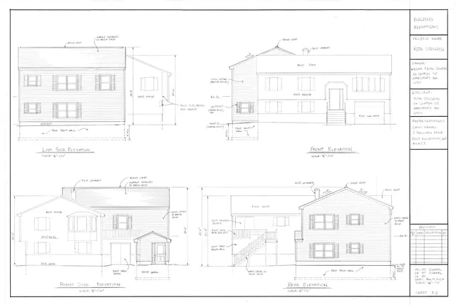 Architectural elevation sheet showing the left side, front, right side, and rear elevations of the house at 66 Clinton St., with hand-drawn exterior details and notes on siding, roof, windows, and deck/stair additions.