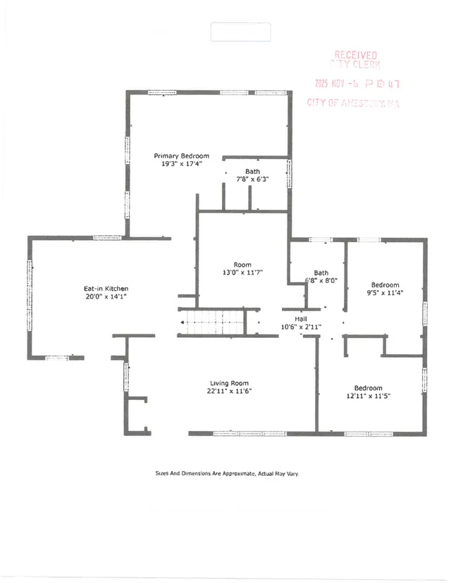 Black-and-white residential floor plan showing the layout of rooms, including an eat-in kitchen, living room, primary bedroom, two additional bedrooms, two baths, a hall, and a central room with stairs. Room dimensions are labeled throughout the plan.