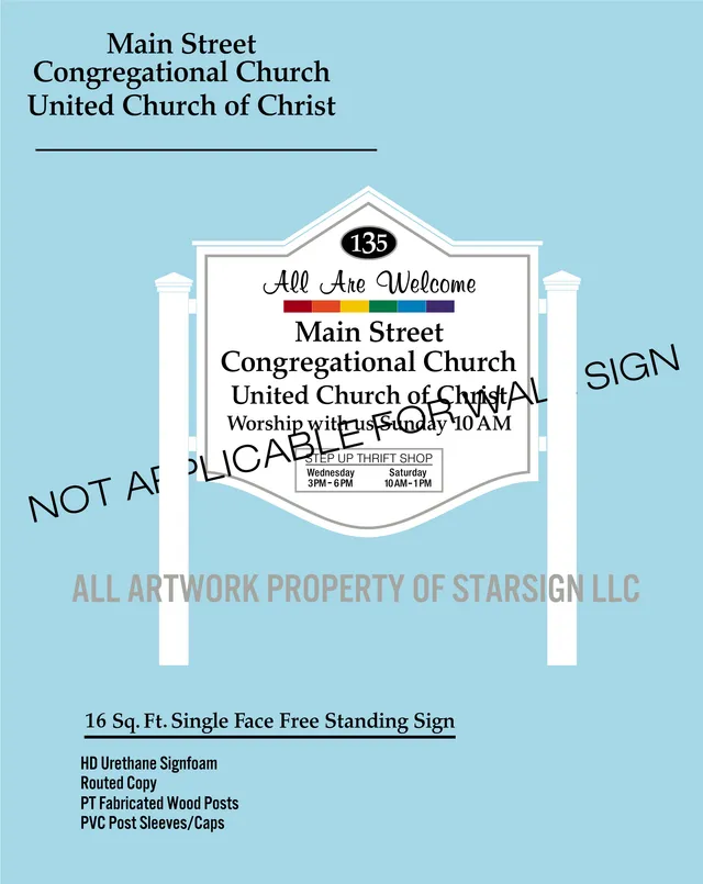 Proposed freestanding sign for Main Street Congregational Church / United Church of Christ at 135 Main Street, shown front-on with the sign face, posts, and dimensions/material notes on a presentation board.