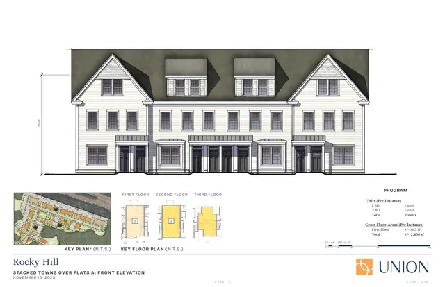 Front elevation of the proposed Rocky Hill stacked-townhouses over flats building, shown as a colored architectural elevation with shadowing. The page also includes a small key plan, floor plan diagrams, and program notes.