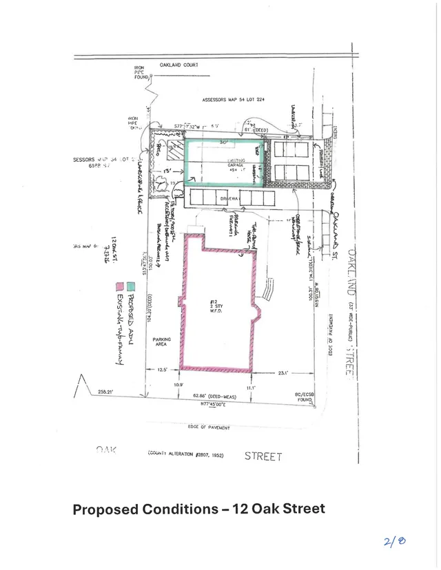 Annotated proposed-conditions site plan for 12 Oak Street showing the property layout, existing and proposed building footprints, driveway/parking areas, and lot lines adjacent to Oak Street and Oakland Street.